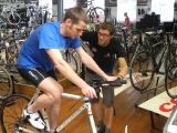 Top Individual Fundraiser at Ironman 70.3 UK, Rob Fletcher  being measured up for his bike at TriUK � August 2012
